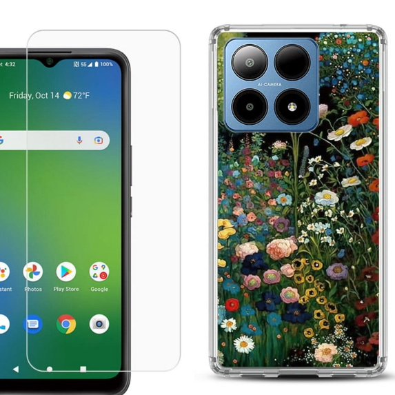 For Boost Mobile Summit 5G Shockproof Phone Case Cover with Tempered Glass Screen Protector, by OneToughShield - Flowery Garden