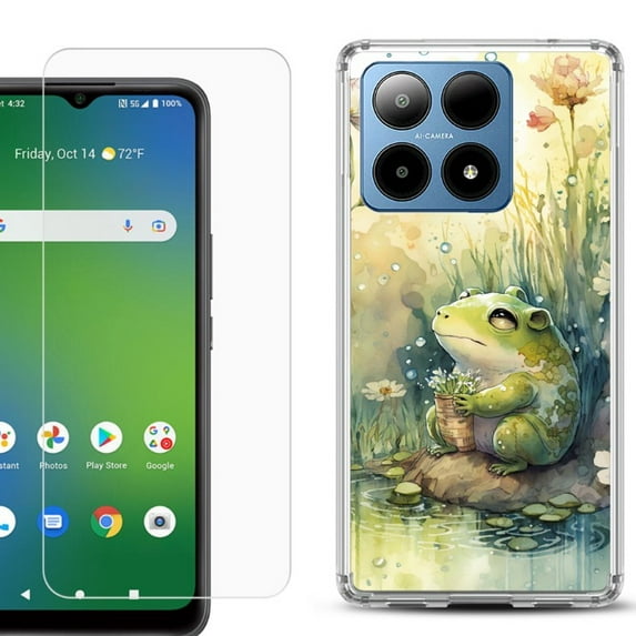 For Boost Mobile Summit 5G Shockproof Phone Case Cover with Tempered Glass Screen Protector, by OneToughShield - Frog