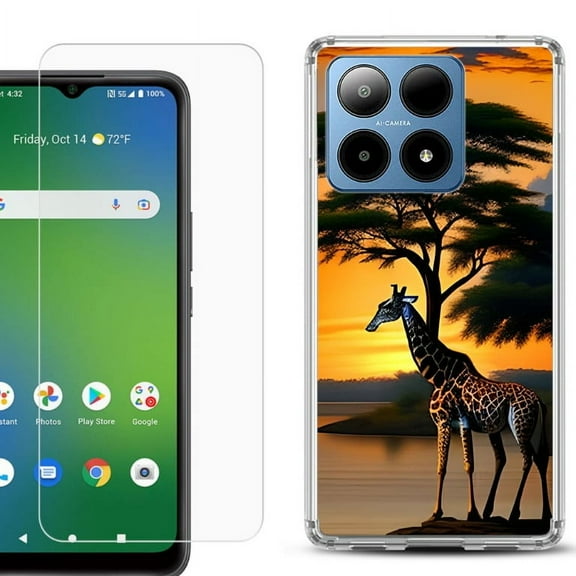 For Boost Mobile Summit 5G Shockproof Phone Case Cover with Tempered Glass Screen Protector, by OneToughShield - Giraffe Sunset