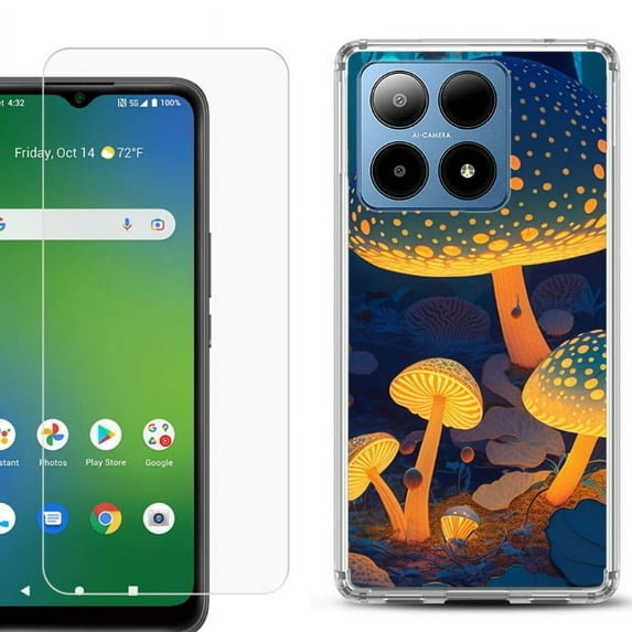 For Boost Mobile Summit 5G Shockproof Phone Case Cover with Tempered Glass Screen Protector, by OneToughShield - Glowing Mushroom