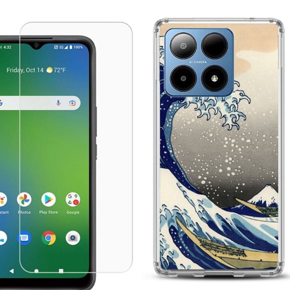 For Boost Mobile Summit 5G Shockproof Phone Case Cover with Tempered Glass Screen Protector, by OneToughShield - Great Wave