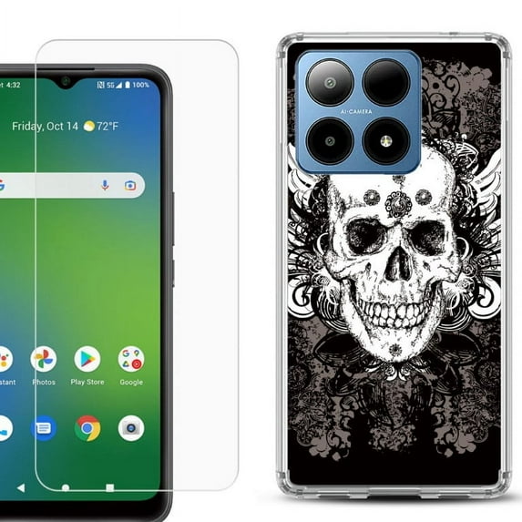 For Boost Mobile Summit 5G Shockproof Phone Case Cover with Tempered Glass Screen Protector, by OneToughShield - Grunge Skull