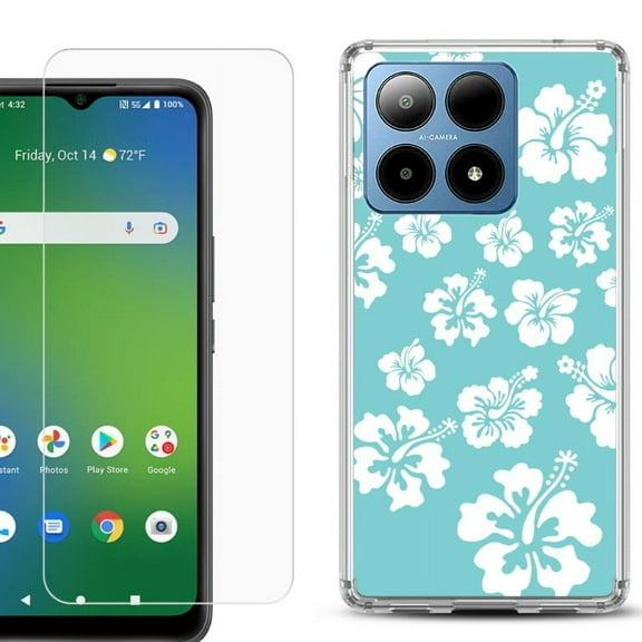 For Boost Mobile Summit 5G Shockproof Phone Case Cover with Tempered Glass Screen Protector, by OneToughShield - Hibiscus Teal