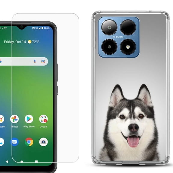For Boost Mobile Summit 5G Shockproof Phone Case Cover with Tempered Glass Screen Protector, by OneToughShield - Husky Face