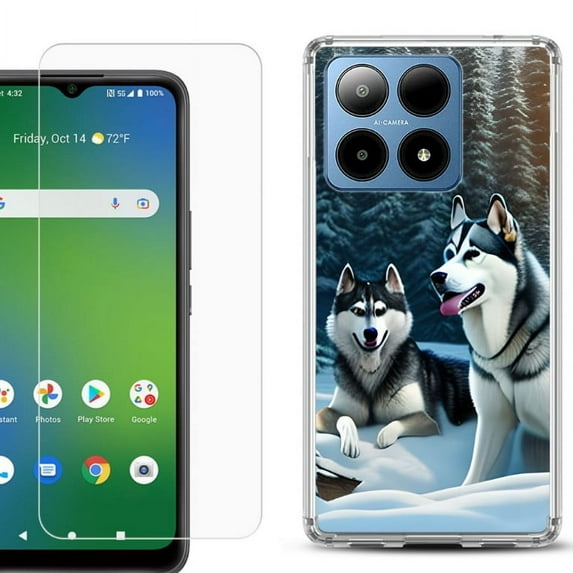 For Boost Mobile Summit 5G Shockproof Phone Case Cover with Tempered Glass Screen Protector, by OneToughShield - Husky Snow