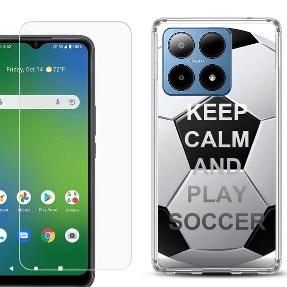 For Boost Mobile Summit 5G Shockproof Phone Case Cover with Tempered Glass Screen Protector, by OneToughShield - Keep Calm Soccer