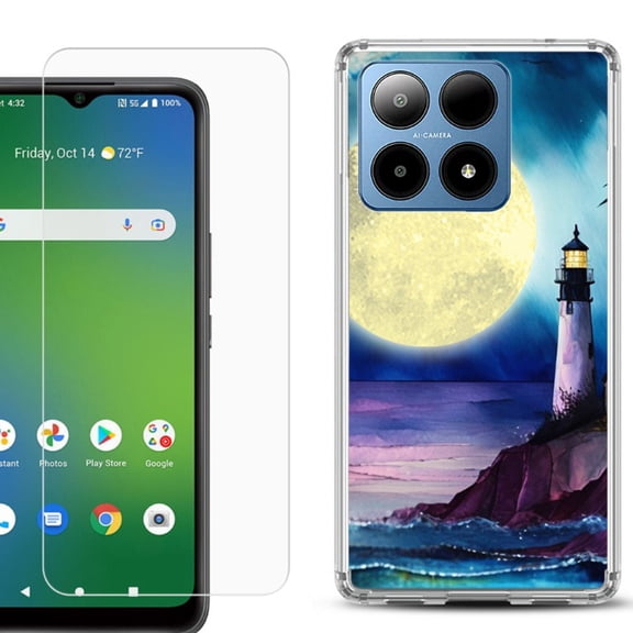 For Boost Mobile Summit 5G Shockproof Phone Case Cover with Tempered Glass Screen Protector, by OneToughShield - Lighthouse Moon