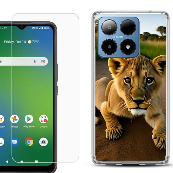 For Boost Mobile Summit 5G Shockproof Phone Case Cover with Tempered Glass Screen Protector, by OneToughShield - Lion Cub