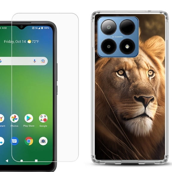 For Boost Mobile Summit 5G Shockproof Phone Case Cover with Tempered Glass Screen Protector, by OneToughShield - Lion