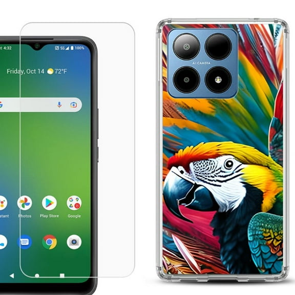 For Boost Mobile Summit 5G Shockproof Phone Case Cover with Tempered Glass Screen Protector, by OneToughShield - Macaw