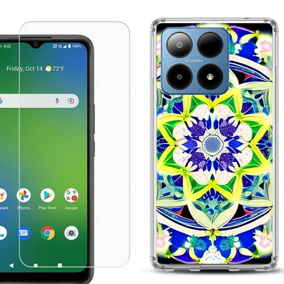 For Boost Mobile Summit 5G Shockproof Phone Case Cover with Tempered Glass Screen Protector, by OneToughShield - Mandalas Color