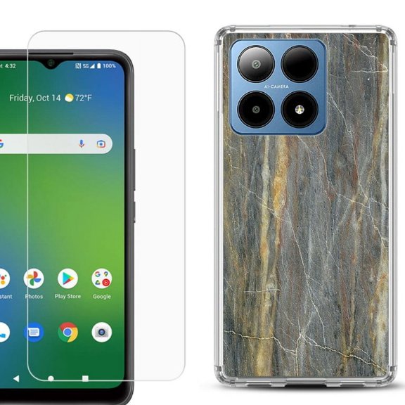 For Boost Mobile Summit 5G Shockproof Phone Case Cover with Tempered Glass Screen Protector, by OneToughShield - Marble/Camo