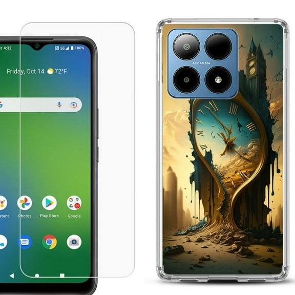 For Boost Mobile Summit 5G Shockproof Phone Case Cover with Tempered Glass Screen Protector, by OneToughShield - Melting Clock