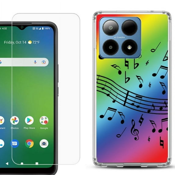 For Boost Mobile Summit 5G Shockproof Phone Case Cover with Tempered Glass Screen Protector, by OneToughShield - Music Notes / Rainbow