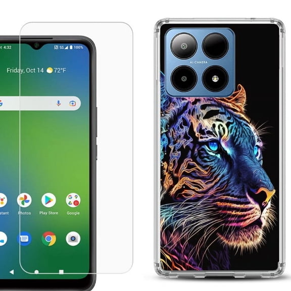 For Boost Mobile Summit 5G Shockproof Phone Case Cover with Tempered Glass Screen Protector, by OneToughShield - Neon Tiger