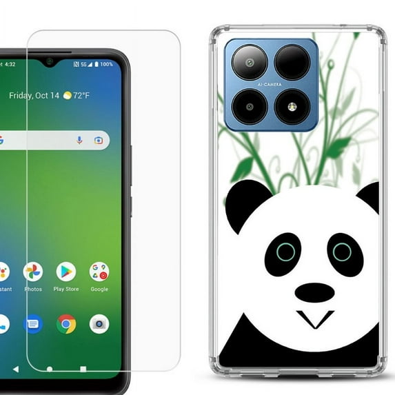 For Boost Mobile Summit 5G Shockproof Phone Case Cover with Tempered Glass Screen Protector, by OneToughShield - Panda