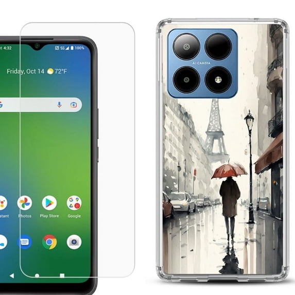 For Boost Mobile Summit 5G Shockproof Phone Case Cover with Tempered Glass Screen Protector, by OneToughShield - Paris in the Rain