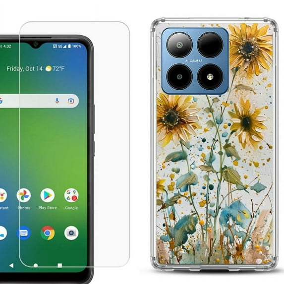 For Boost Mobile Summit 5G Shockproof Phone Case Cover with Tempered Glass Screen Protector, by OneToughShield - Pastel Sunflowers