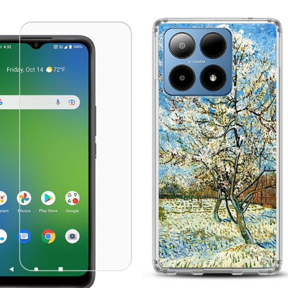 For Boost Mobile Summit 5G Shockproof Phone Case Cover with Tempered Glass Screen Protector, by OneToughShield - Peach Tree Blossom