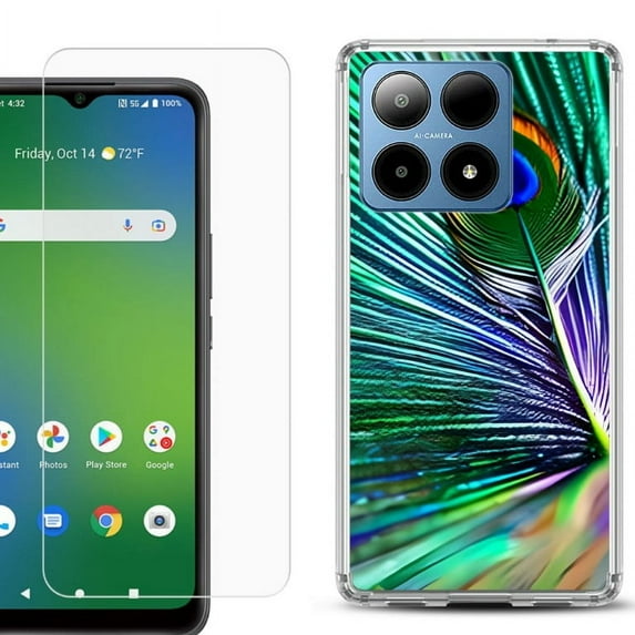 For Boost Mobile Summit 5G Shockproof Phone Case Cover with Tempered Glass Screen Protector, by OneToughShield - Peacock Feather