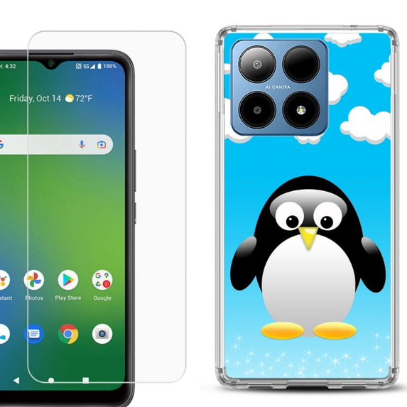 For Boost Mobile Summit 5G Shockproof Phone Case Cover with Tempered Glass Screen Protector, by OneToughShield - Penguin