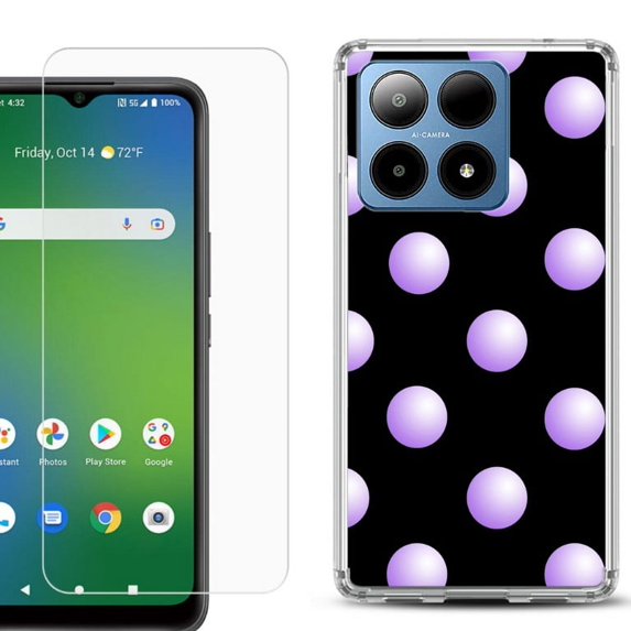 For Boost Mobile Summit 5G Shockproof Phone Case Cover with Tempered Glass Screen Protector, by OneToughShield - Polka Dot / Purple