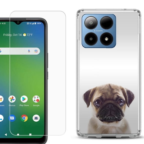For Boost Mobile Summit 5G Shockproof Phone Case Cover with Tempered Glass Screen Protector, by OneToughShield - Pug Face