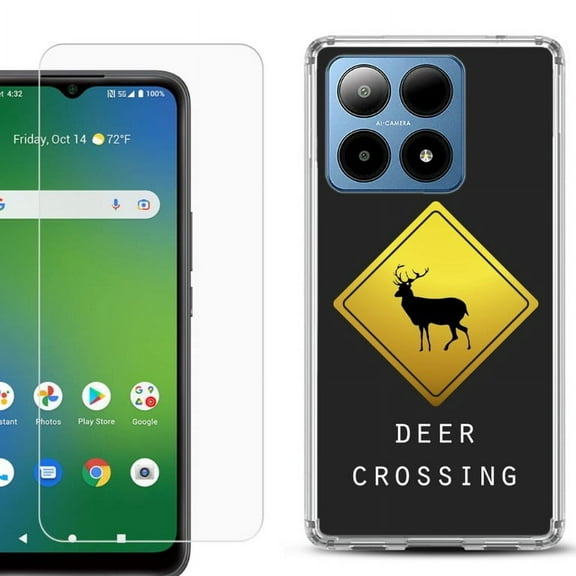 For Boost Mobile Summit 5G Shockproof Phone Case Cover with Tempered Glass Screen Protector, by OneToughShield - Road Sign Deer