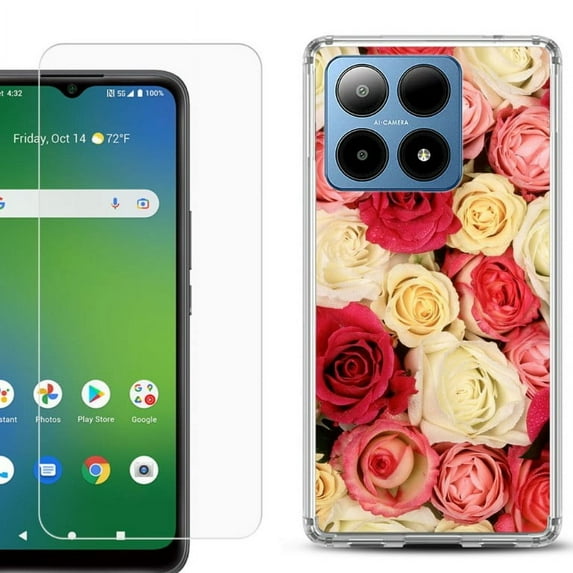 For Boost Mobile Summit 5G Shockproof Phone Case Cover with Tempered Glass Screen Protector, by OneToughShield - Rose Bouquet