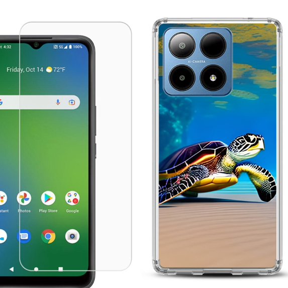 For Boost Mobile Summit 5G Shockproof Phone Case Cover with Tempered Glass Screen Protector, by OneToughShield - Sea Turtle Beach