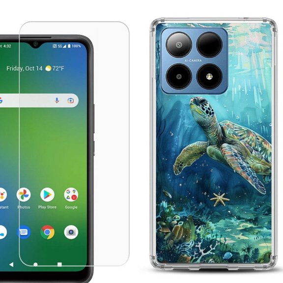 For Boost Mobile Summit 5G Shockproof Phone Case Cover with Tempered Glass Screen Protector, by OneToughShield - Sea Turtle Undersea