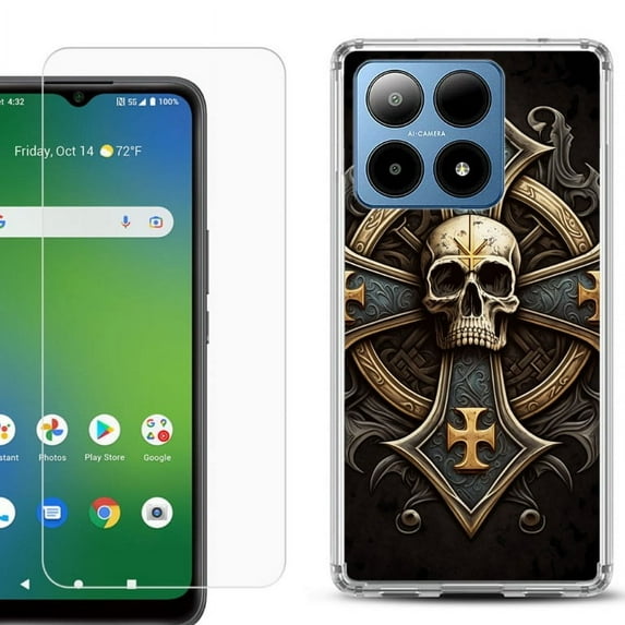 For Boost Mobile Summit 5G Shockproof Phone Case Cover with Tempered Glass Screen Protector, by OneToughShield - Skull Art