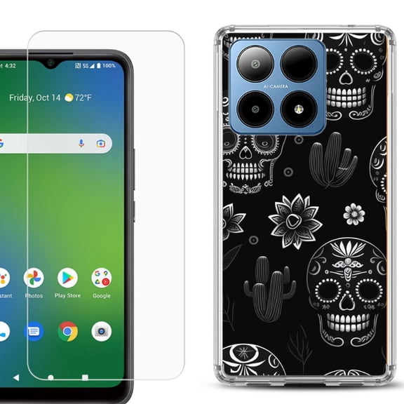 For Boost Mobile Summit 5G Shockproof Phone Case Cover with Tempered Glass Screen Protector, by OneToughShield - Skull Mix