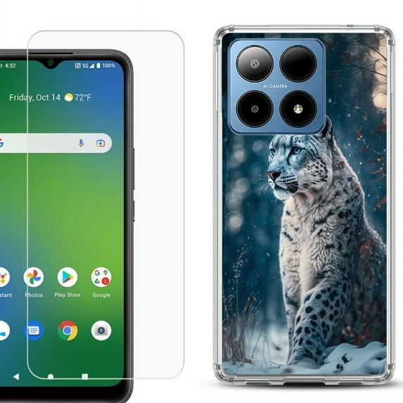 For Boost Mobile Summit 5G Shockproof Phone Case Cover with Tempered Glass Screen Protector, by OneToughShield - Snow Leopard
