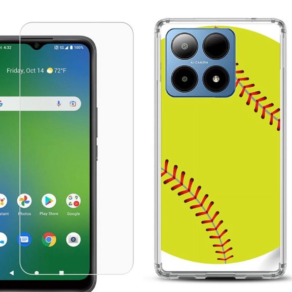 For Boost Mobile Summit 5G Shockproof Phone Case Cover with Tempered Glass Screen Protector, by OneToughShield - Softball Green