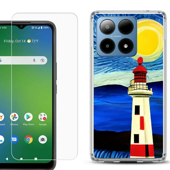 For Boost Mobile Summit 5G Shockproof Phone Case Cover with Tempered Glass Screen Protector, by OneToughShield - Starry Night Lighthouse