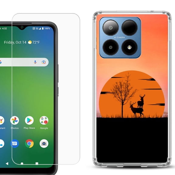 For Boost Mobile Summit 5G Shockproof Phone Case Cover with Tempered Glass Screen Protector, by OneToughShield - Sunset Deer