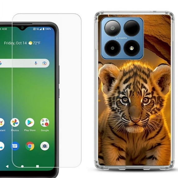 For Boost Mobile Summit 5G Shockproof Phone Case Cover with Tempered Glass Screen Protector, by OneToughShield - Tiger Cub