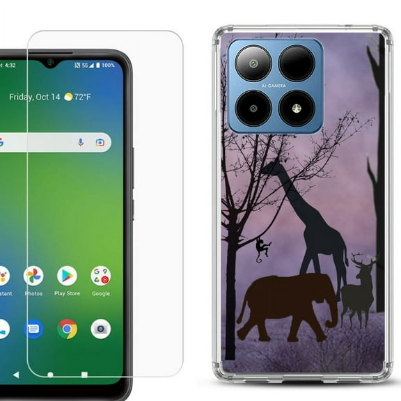 For Boost Mobile Summit 5G Shockproof Phone Case Cover with Tempered Glass Screen Protector, by OneToughShield - Twilight Safari