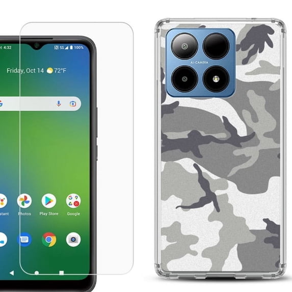 For Boost Mobile Summit 5G Shockproof Phone Case Cover with Tempered Glass Screen Protector, by OneToughShield - Urban Camo