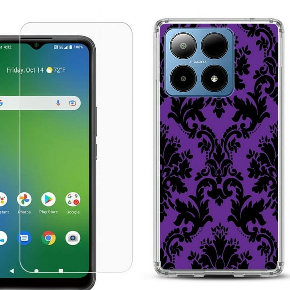 For Boost Mobile Summit 5G Shockproof Phone Case Cover with Tempered Glass Screen Protector, by OneToughShield - Victorian Purple/Black