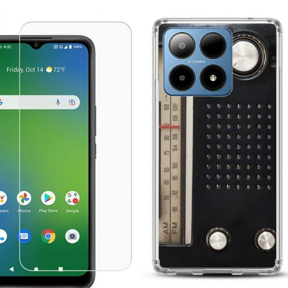 For Boost Mobile Summit 5G Shockproof Phone Case Cover with Tempered Glass Screen Protector, by OneToughShield - Vintage Radio