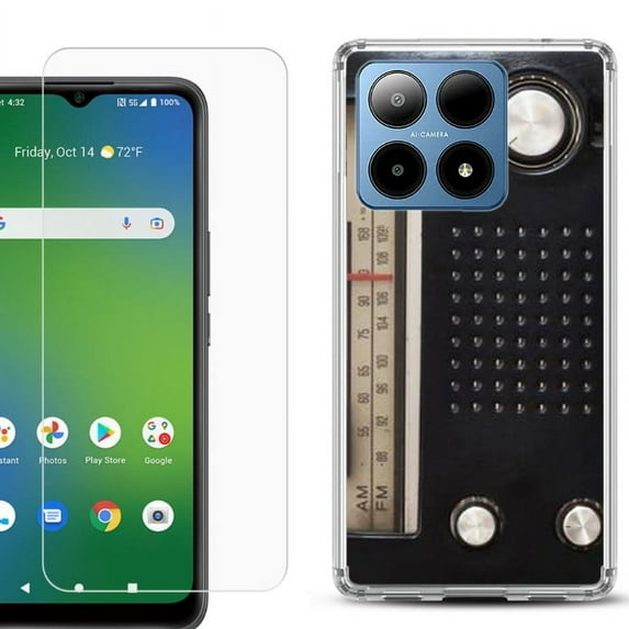 For Boost Mobile Summit 5G Shockproof Phone Case Cover with Tempered Glass Screen Protector, by OneToughShield - Vintage Radio