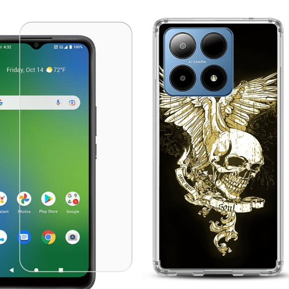 For Boost Mobile Summit 5G Shockproof Phone Case Cover with Tempered Glass Screen Protector, by OneToughShield - Wing Skull