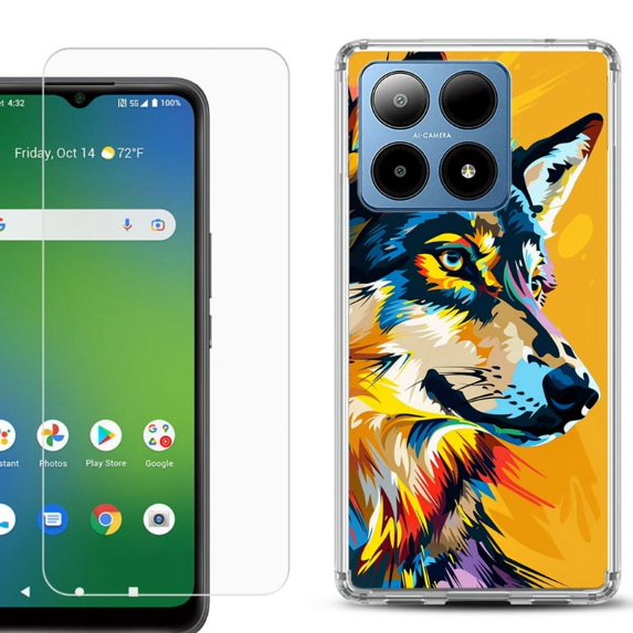 For Boost Mobile Summit 5G Shockproof Phone Case Cover with Tempered Glass Screen Protector, by OneToughShield - Wolf Art