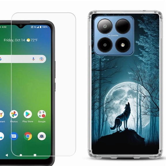 For Boost Mobile Summit 5G Shockproof Phone Case Cover with Tempered Glass Screen Protector, by OneToughShield - Wolf Moon