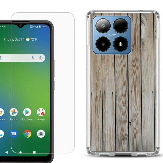 For Boost Mobile Summit 5G Shockproof Phone Case Cover with Tempered Glass Screen Protector, by OneToughShield - Wood Print