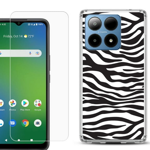 For Boost Mobile Summit 5G Shockproof Phone Case Cover with Tempered Glass Screen Protector, by OneToughShield - Zebra B/W