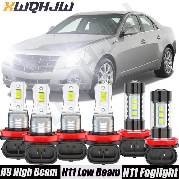 For Cadillac CTS Sedan 2008-2010 6000K H9 H11 LED Headlight Hi/Lo Beam + H11 Fog Light Bulbs