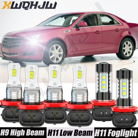 For Cadillac CTS Sedan 2010-2014 6000K H9 H11 LED Headlight Hi/Lo Beam + H11 Fog Light Bulbs